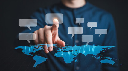 Global communication network concept with world map and speech bubbles for social media marketing
