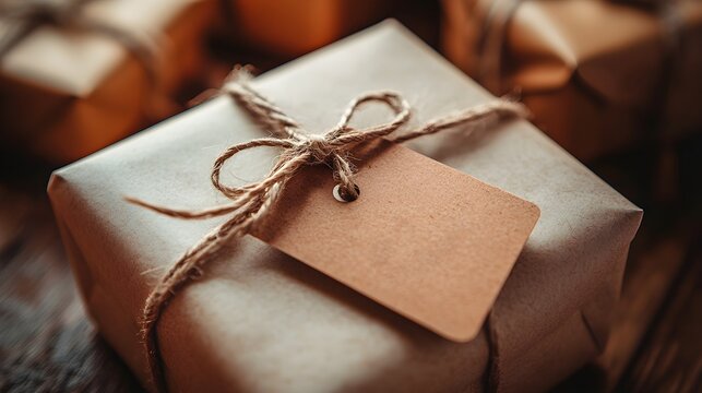 A beautifully wrapped gift box with twine and a blank tag, ready for giving.