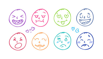 Colorful doodle faces expressing emotions sketch