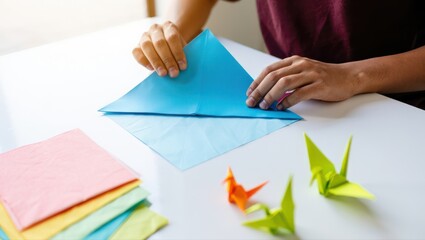 A person folds a blue sheet into an origami shape on a white table, with colorful paper cranes nearby.