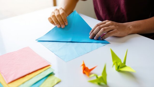 A person folds a blue sheet into an origami shape on a white table, with colorful paper cranes nearby. - Powered by Adobe