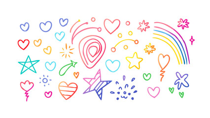 Colorful doodle icons hearts stars rainbow vector