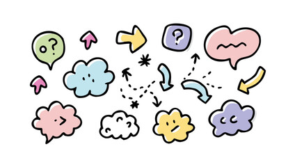 Colorful doodle speech bubbles and arrows thought bubble