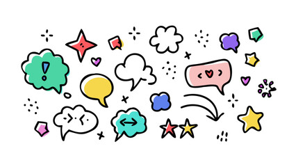 Colorful doodle speech bubbles and stars exclamation mark