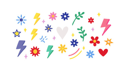 Colorful Flowers Lightning Bolts Stars Hearts vector
