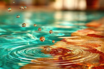 Water droplets impact, creating ripples and reflections in a teal pool