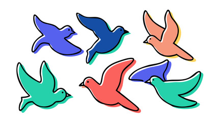 Colorful flying birds in motion silhouettes