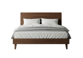 Isolated bed with brown wood frame, white bedding, gray blanket, contemporary bedroom