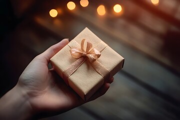 hand reaching toward a small gift box with ribbon, product focus, soft natural lighting
