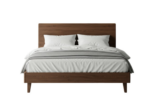 Isolated bed with brown wood frame, white bedding, gray blanket, contemporary bedroom
