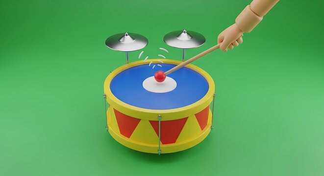 Drum and Drumstick on Green Background