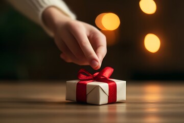 hand reaching toward a small gift box with ribbon, product focus, soft natural lighting
