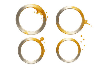 Four metallic rings with realistic orange liquid splash marks on transparent background, ideal for adding a touch of messy realism to designs