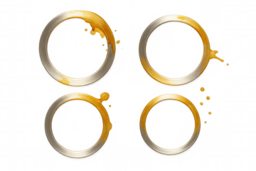 Four metallic rings with realistic orange liquid splash marks on transparent background, ideal for adding a touch of messy realism to designs
