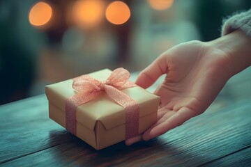 hand reaching toward a small gift box with ribbon, product focus, soft natural lighting
