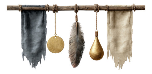 Hanging Textiles with Feathers and Decorative Elements Isolated Image