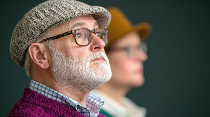 Close up portrait of a mature bearded man with glasses and a hat looking thoughtful and contemplative He appears to be a resident leading a local history tour