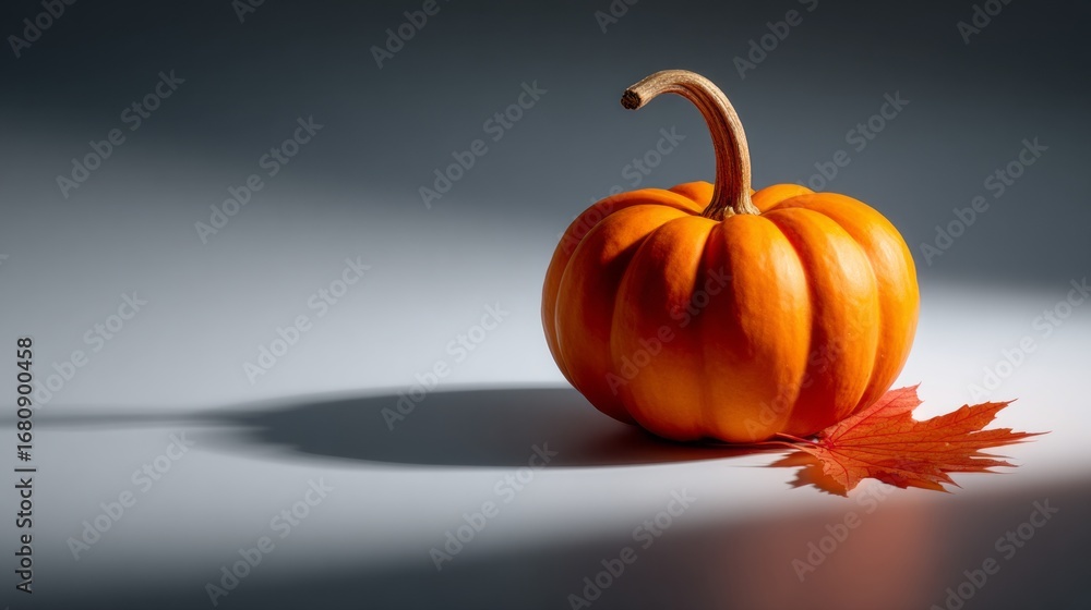 Poster vibrant orange pumpkin resting on a red maple leaf with soft shadows in a dimly lit setting during a
