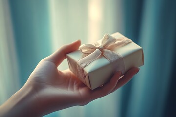 hand reaching toward a small gift box with ribbon, product focus, soft natural lighting
