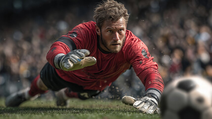 Goalkeeper makes a stunning save during intense soccer match at sunset