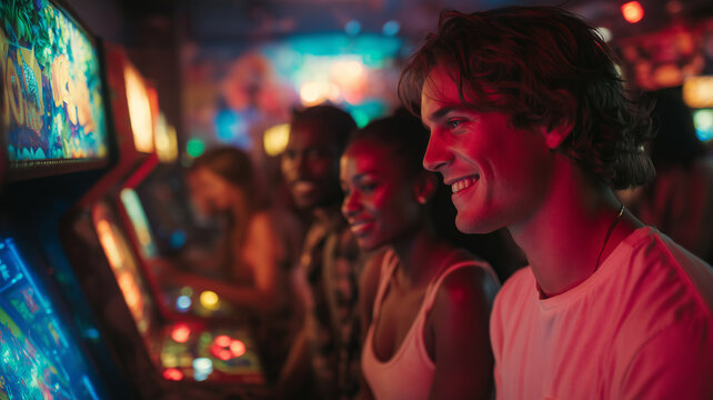 Retro arcade fun with parents enjoying classic games in vibrant atmosphere - Powered by Adobe