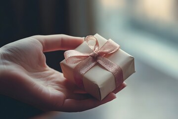 hand reaching toward a small gift box with ribbon, product focus, soft natural lighting
