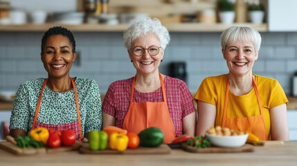 Diverse group of elderly women engaged in cooking and wellness activities at a community health and wellness fair promoting proactive living and positive lifestyle choices
