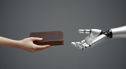 Woman hand giving old book to a robot hand. Human and artificial intelligence interaction and knowledge transfer. AI learning from humans.