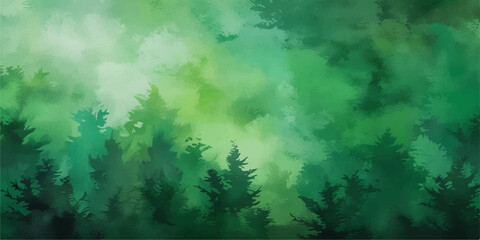 Obraz premium An abstract green background with a bright, foggy forest texture and a blue sky above