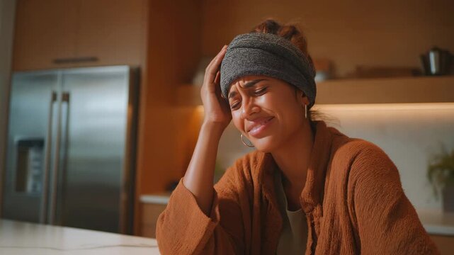 Young woman of mixed ethnicity with headband wincing from painful headache at home kitchen, emotional health video in warm earthy tones for healthcare blogs and awareness campaigns