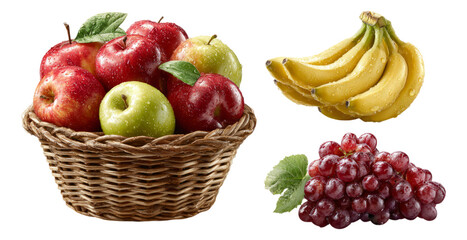 Fresh Fruit Arrangement in Basket with Isolated Bananas and Grapes