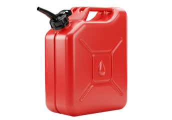 Isolated red gas can with a black nozzle for transporting fuel, on a seamless backdrop