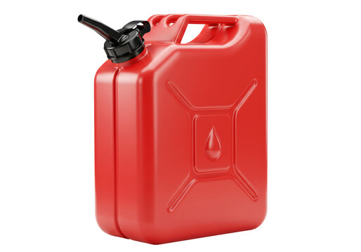 Isolated red gas can with a black nozzle for transporting fuel, on a seamless backdrop