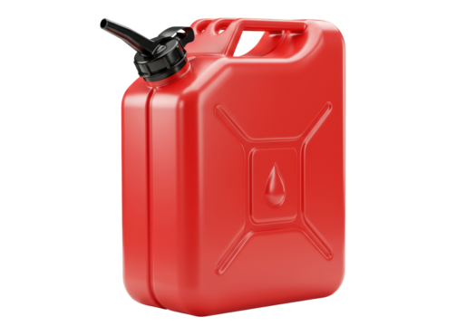 Isolated red gas can with a black nozzle for transporting fuel, on a seamless backdrop