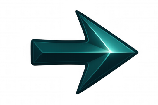 Teal 3d arrow pointing right with soft luminescence, enhancing digital graphics and presentation design elements on transparent backdrop