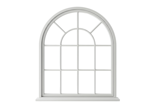 Isolated arched window frame for construction in square or rectangular shape, interior view