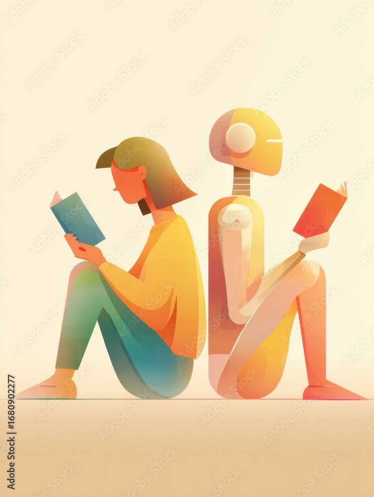 Poster modern learning through books shared between a person and a robot showcasing companionship in knowle