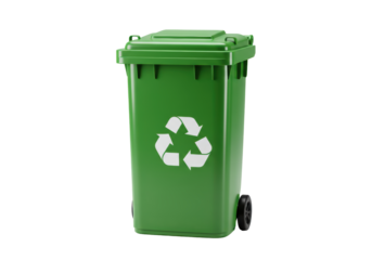 Isolated green recycling bin container with logo for waste and garbage materials