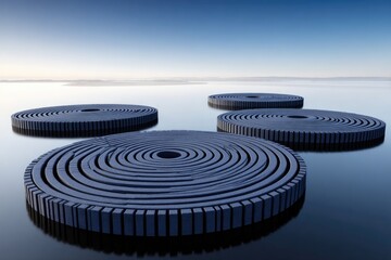 Four dark-gray circular platforms float on tranquil water,  spiral patterns