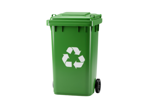 Isolated green recycling bin container with logo for waste and garbage materials