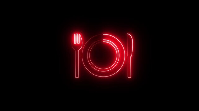 Red Plate, fork and knife icon isolated on blue background. Cutlery symbol. Restaurant sign. 4K Video motion graphic animation.neon video.