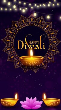 Diwali Background with Golden Lamps, Rangoli and Glowing Particles on Festive Bokeh Lights. Diwali, Deepavali, festival of lights, Indian celebration.