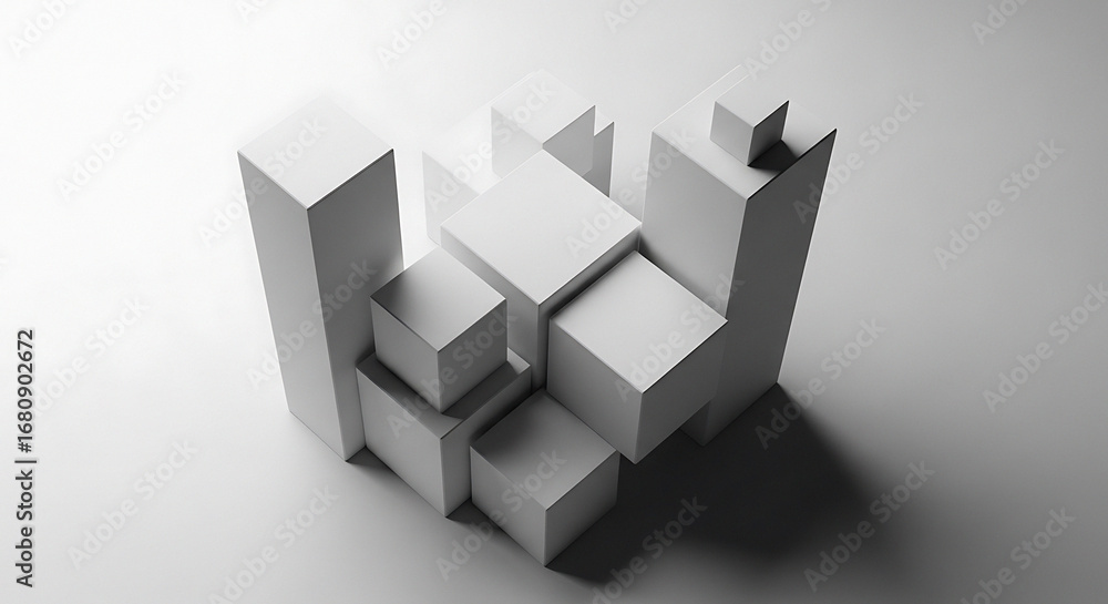Poster abstract geometric sculpture composed of white rectangular blocks arranged in a dynamic asymmetrical