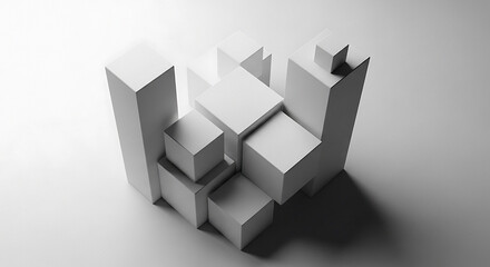 Abstract geometric sculpture composed of white rectangular blocks arranged in a dynamic asymmetrical composition with dramatic lighting and shadows