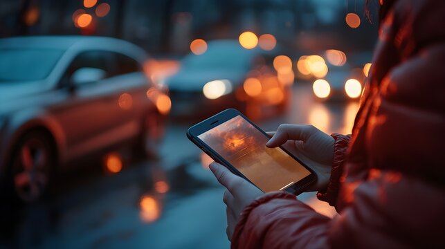 A person uses a smartphone on a rainy city street at night, illuminated by streetlights.