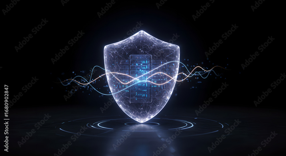 Aufkleber glowing futuristic security shield with digital data inside. cybersecurity and data protection conce