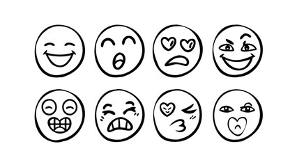 Hand drawn emoji faces with different expressions emotions