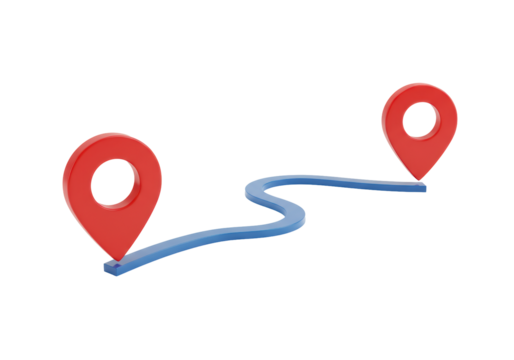 Isolated two red map markers with blue line path, route planning, logistics delivery