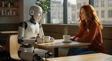 A woman and a robot sit at a cafe table, drinking coffee and talking. Future interaction between humans and artificial intelligence concept.