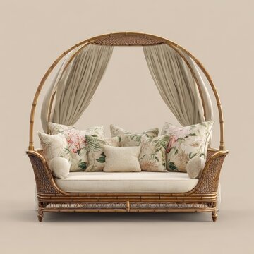 Wicker daybed with canopy. Beige cushions and floral accents